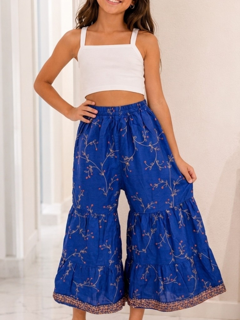 Blue Floral Tiered Wide-Leg Pants with Elastic Waist